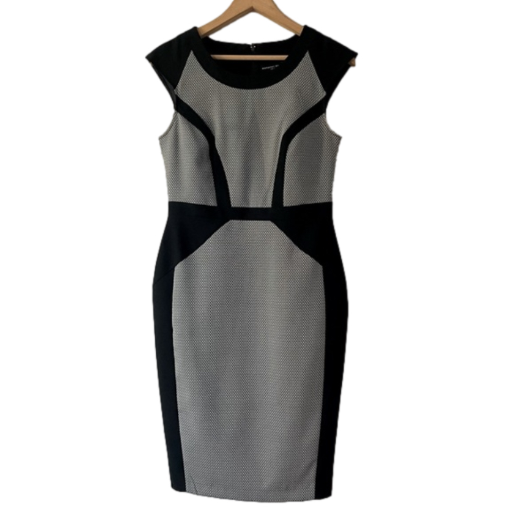 Dorothy Perkins Black White Grey Fitted Work Office Dress- Size 8 (bin 2H)